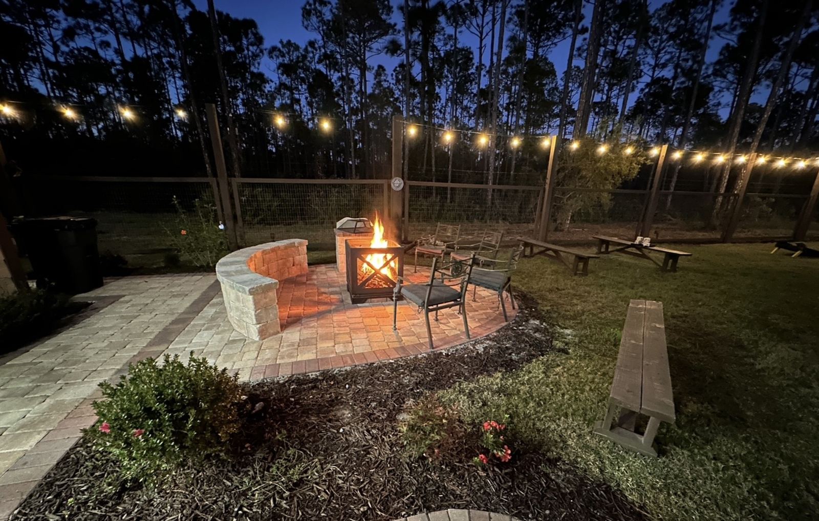 Outdoor fireside gathering area for relaxed retreat conversations